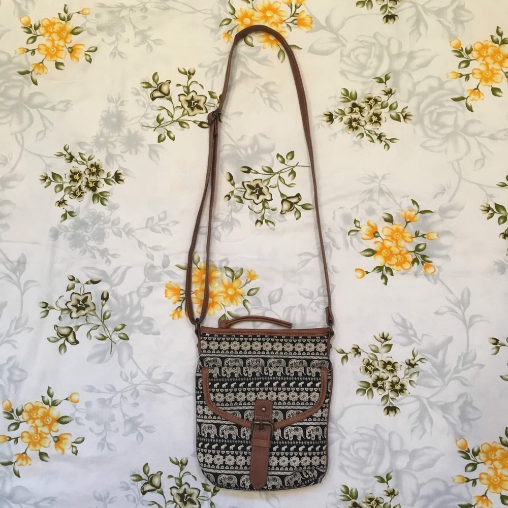 Black/White/Brown Elephant Patterned Crossbody Bag